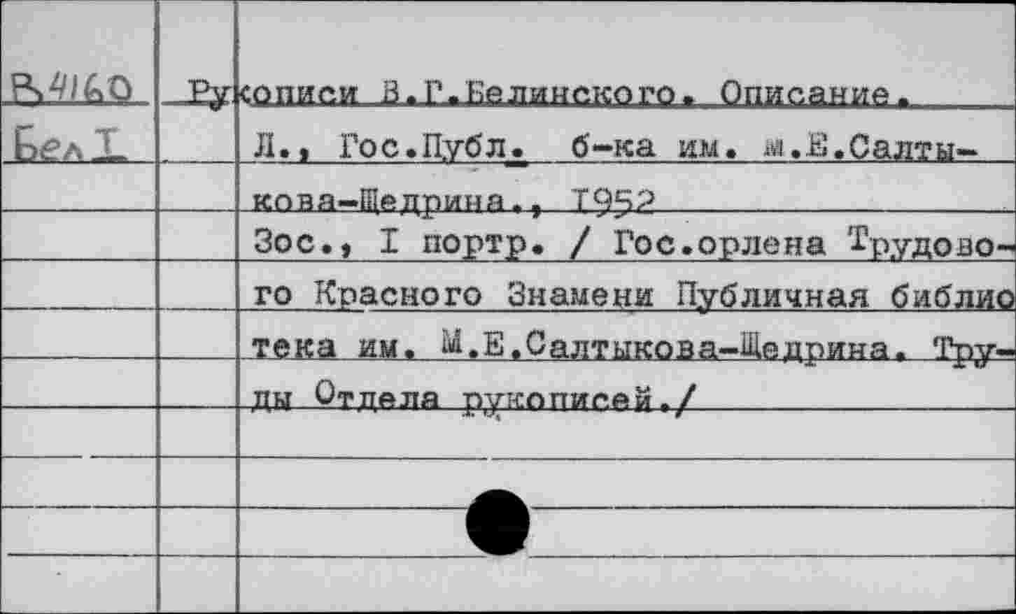 ﻿	_Еу	сописи В.Р.Белинского. Описание.
		Л., Гос.Публ. б-ка им. м.Е.Салты-
		кова-Щедрина., ТЧЧ?
		Зое., I портр. / Гос.орлена ^рудово-
		го Красного Знамени Публичная библио
		тека им. И.Е.Салтыкова-Щедрина. Тру-
		,цы Отдела рукописей*/
		
		
		
		